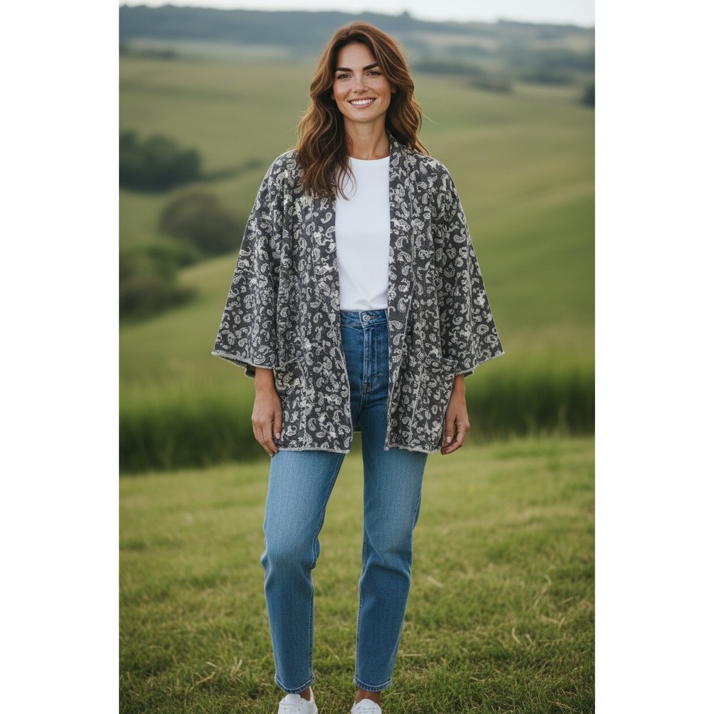 POL Paisley Denim Kimono Jacket Black White Distressed Raw Hem SMJ211 Womens L